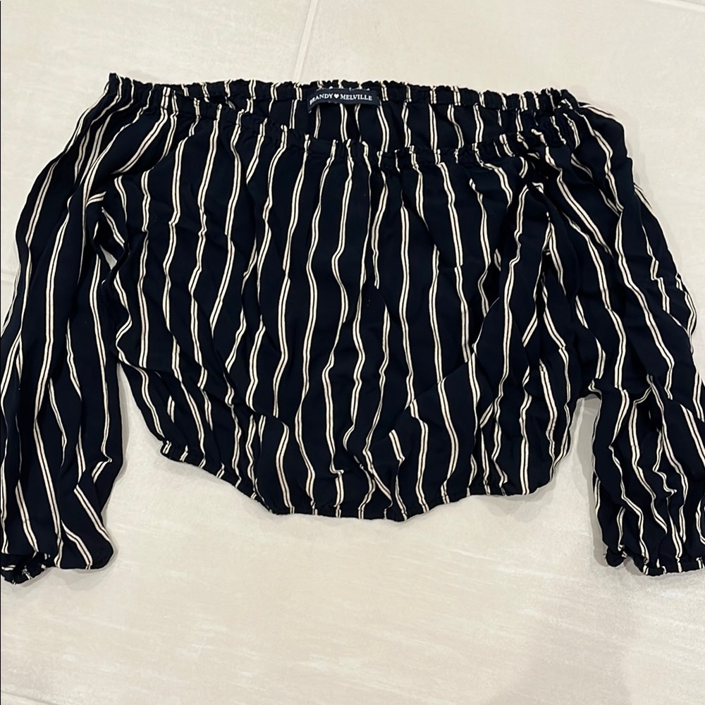 Brandy Meville Off-Shoulder Black and White Striped Top